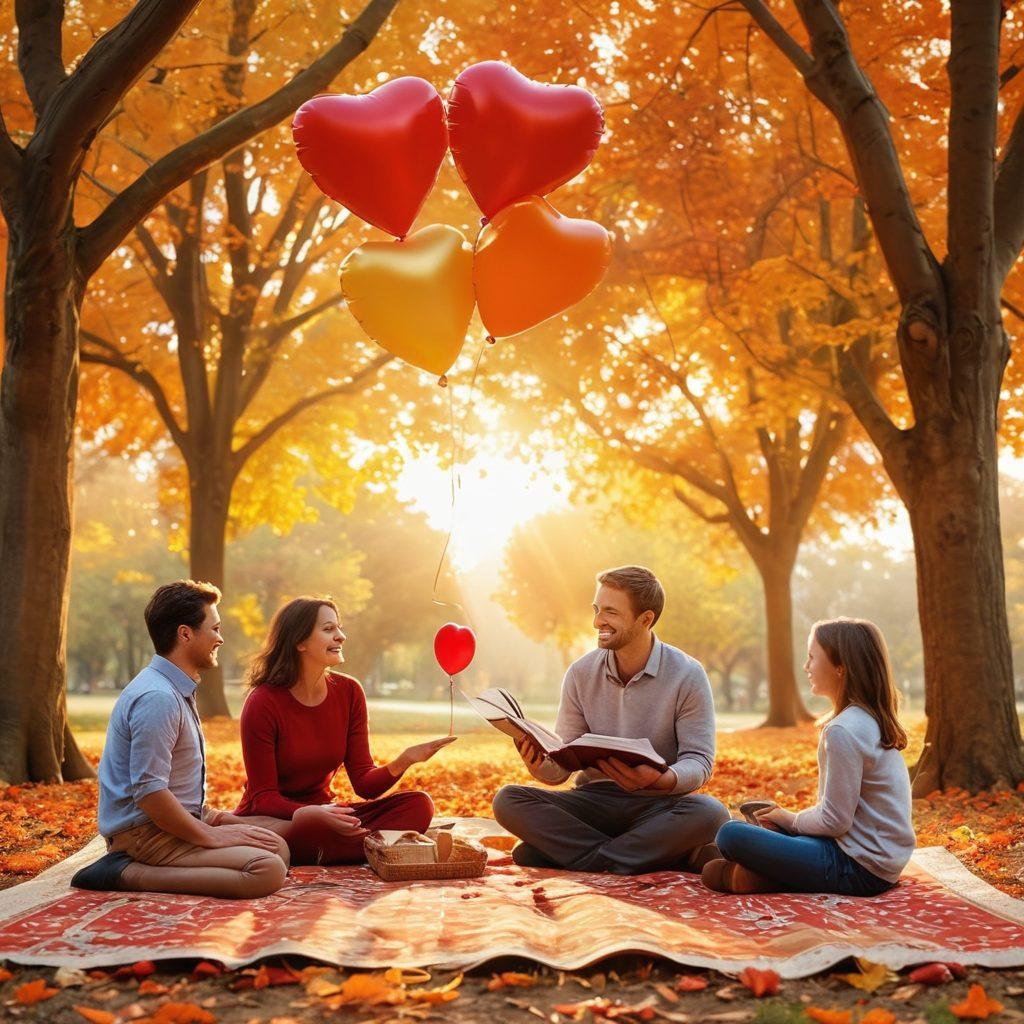 A serene family gathering in a scenic park, with parents joyfully embracing their children amidst vibrant autumn leaves. Include elements symbolizing emotional connections: heart-shaped balloons, open books, and laughter bubbles. The background features a warm sunset to evoke feelings of warmth and reunion. Artistic elements include soft lighting and a slightly blurred effect to suggest happy memories. super-realistic. vibrant colors. peaceful atmosphere.
