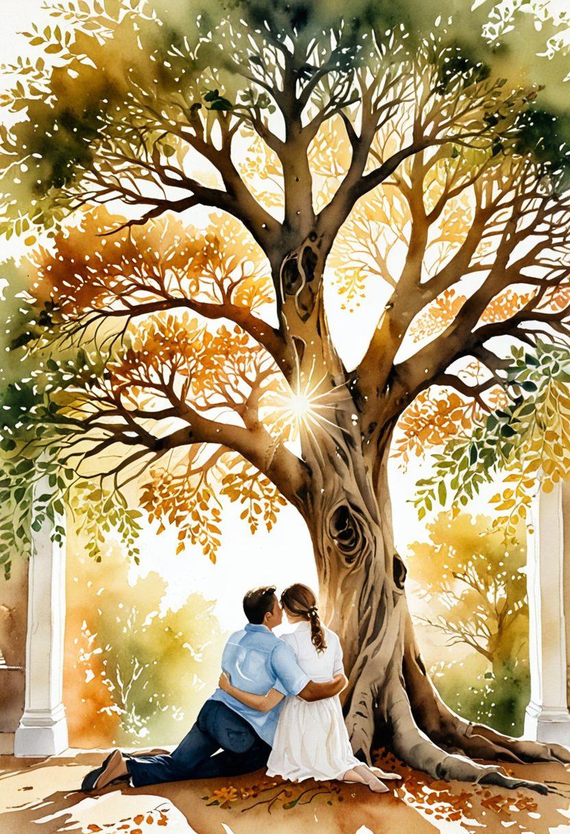 A warm and heartfelt scene depicting a diverse family tree, with roots intertwining and glowing leaves symbolizing strong emotional bonds. In the foreground, a father and child embrace under the branches, surrounded by old photographs and traditional heirlooms that hint at rich family heritage. Soft sunlight filters through, creating an inviting atmosphere. watercolor painting. serene colors. warm tones.